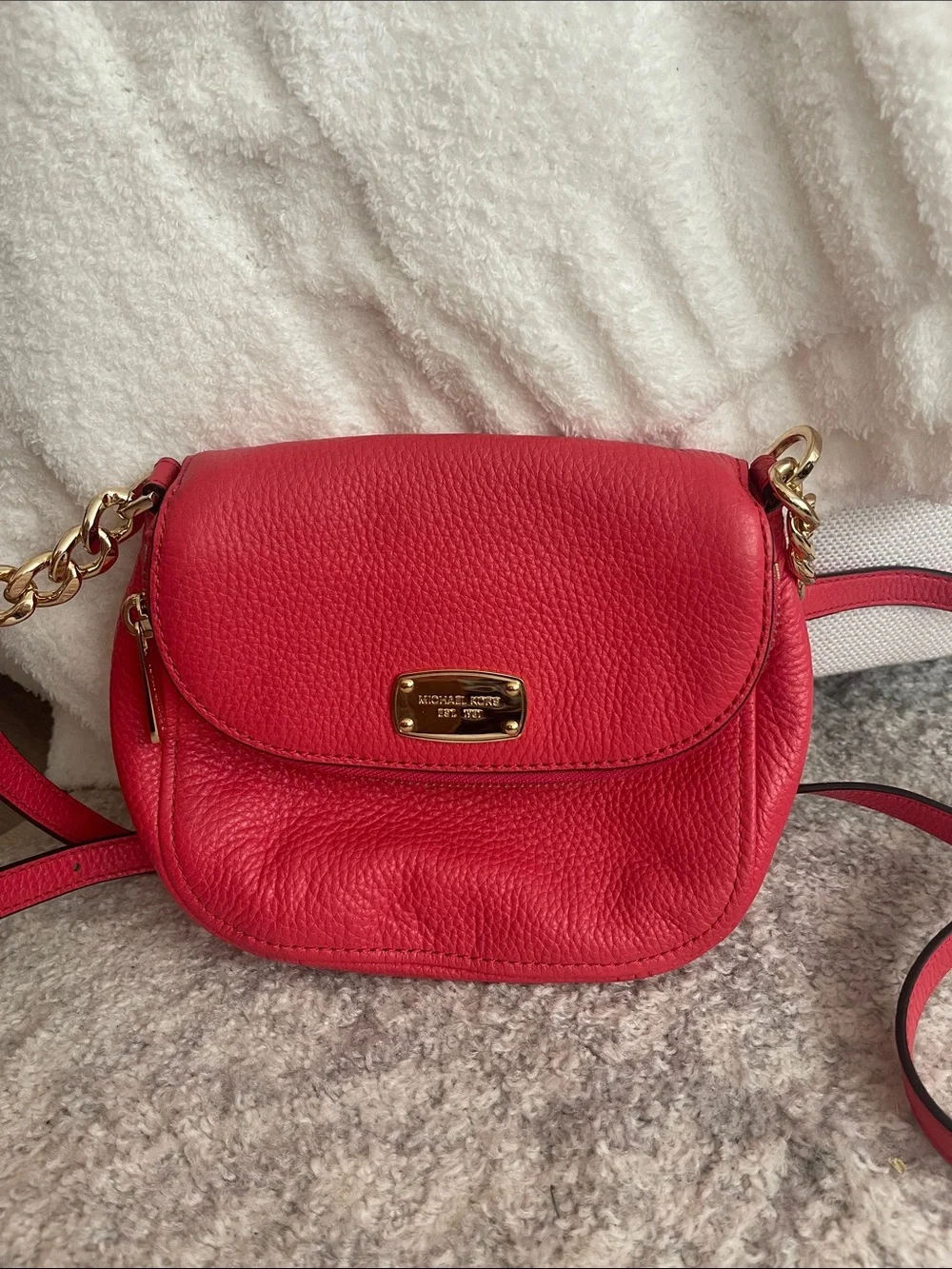Michael Kors Bright Coral Pebbled Leather Crossbody with Gold Chain